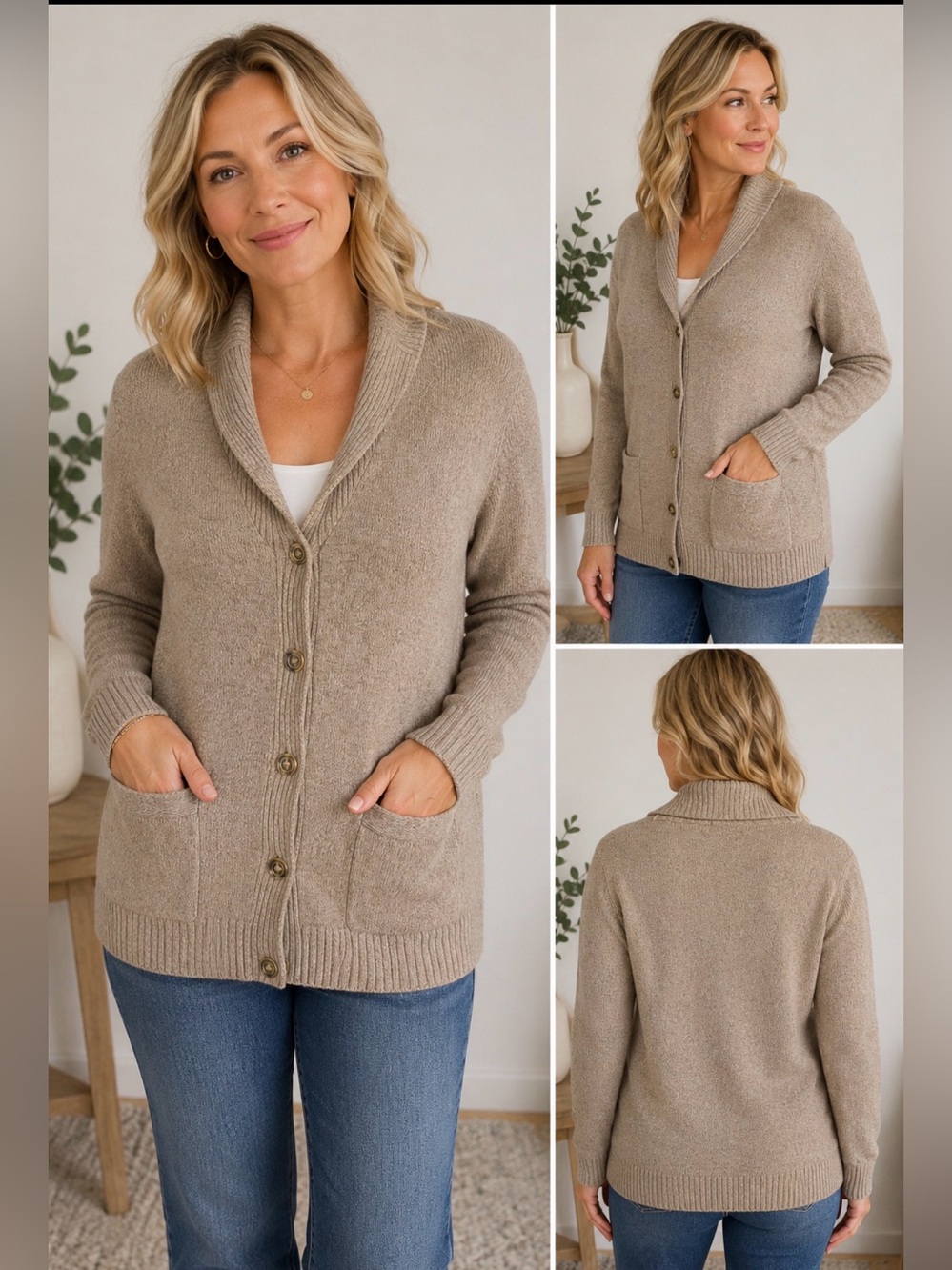 Karen Scott XL Shawl Collar Cardigan Sweater 100% Cotton Taupe Button Front